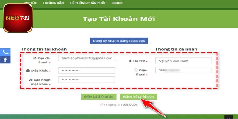 Tạo tài khoản trên app